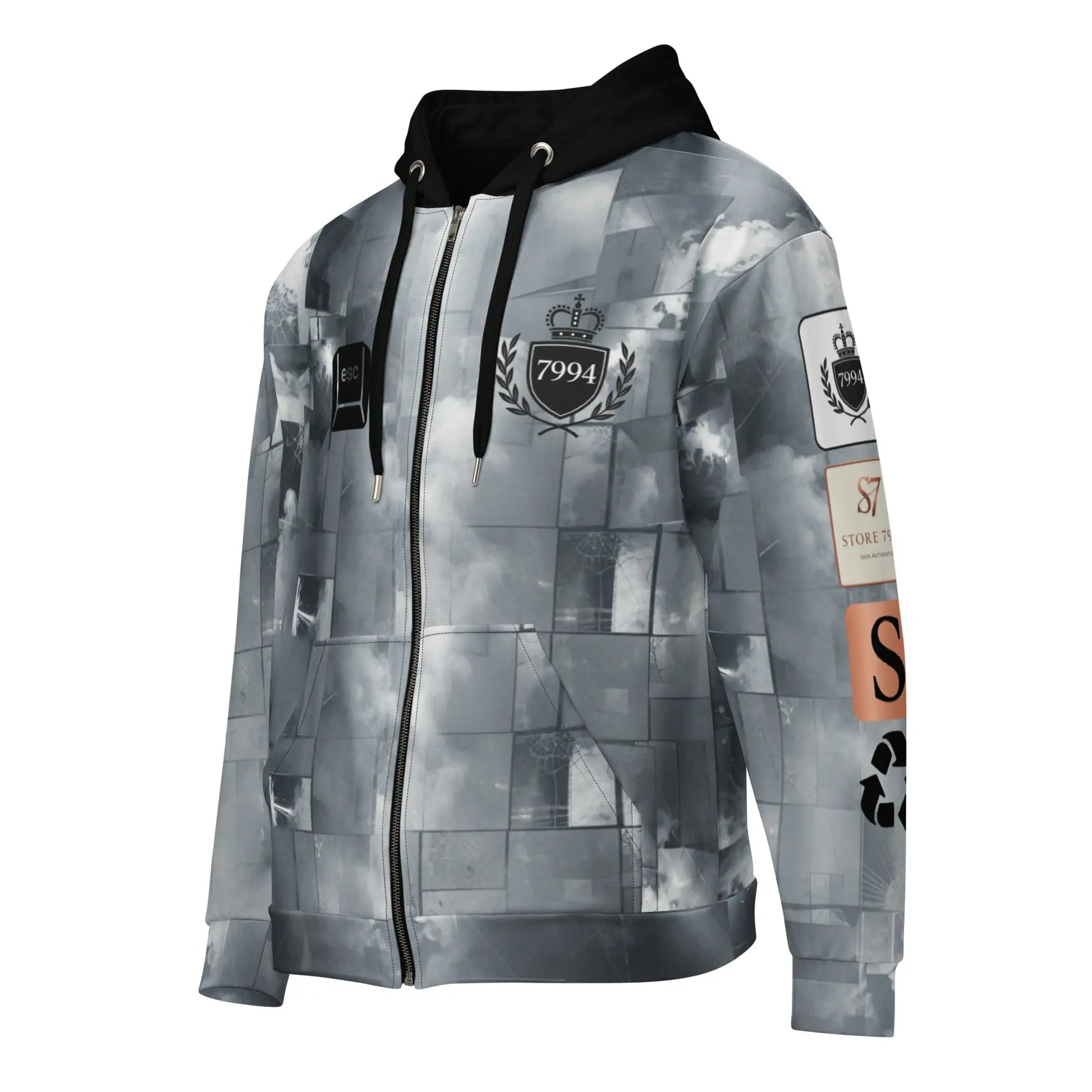 Gray and black exit illusion hoodie with textured cloud pattern and decorative patches
