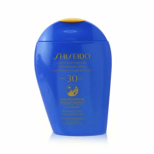 Blue Shiseido Expert Sun Protector SPF 30 face and body lotion with SynchroShield for high protection