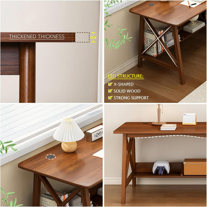 Extra Long Solid Wood Desk with Bookshelf Storage-1