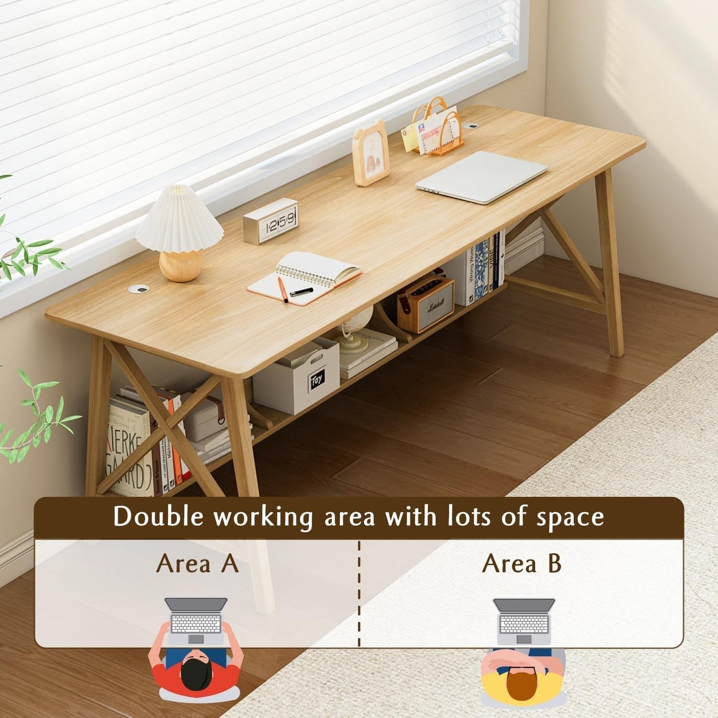 Extra Long Solid Wood Desk with Bookshelf Storage-3