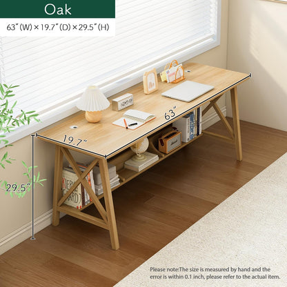 Extra Long Solid Wood Desk with Bookshelf Storage-4