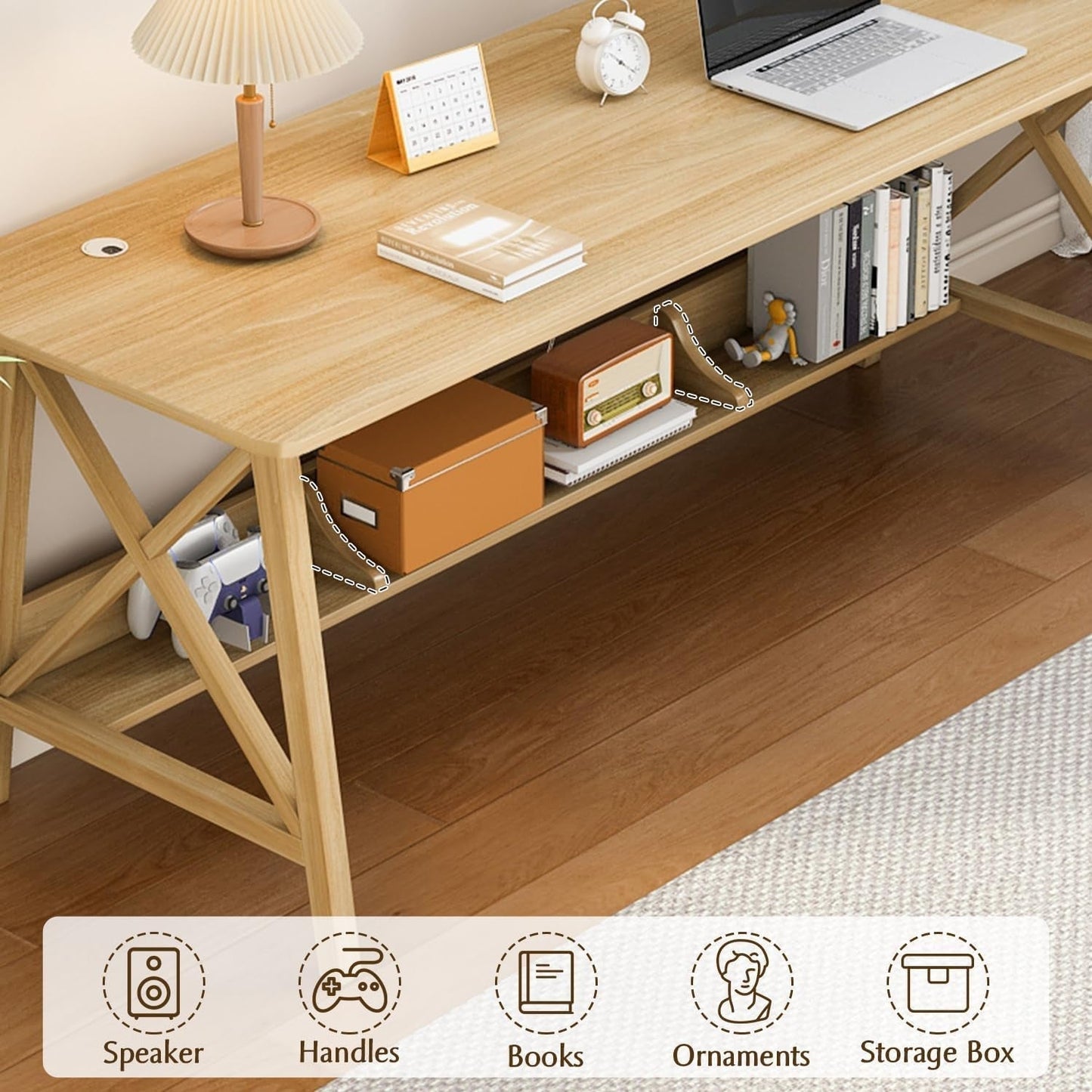Extra Long Solid Wood Desk with Bookshelf Storage-2