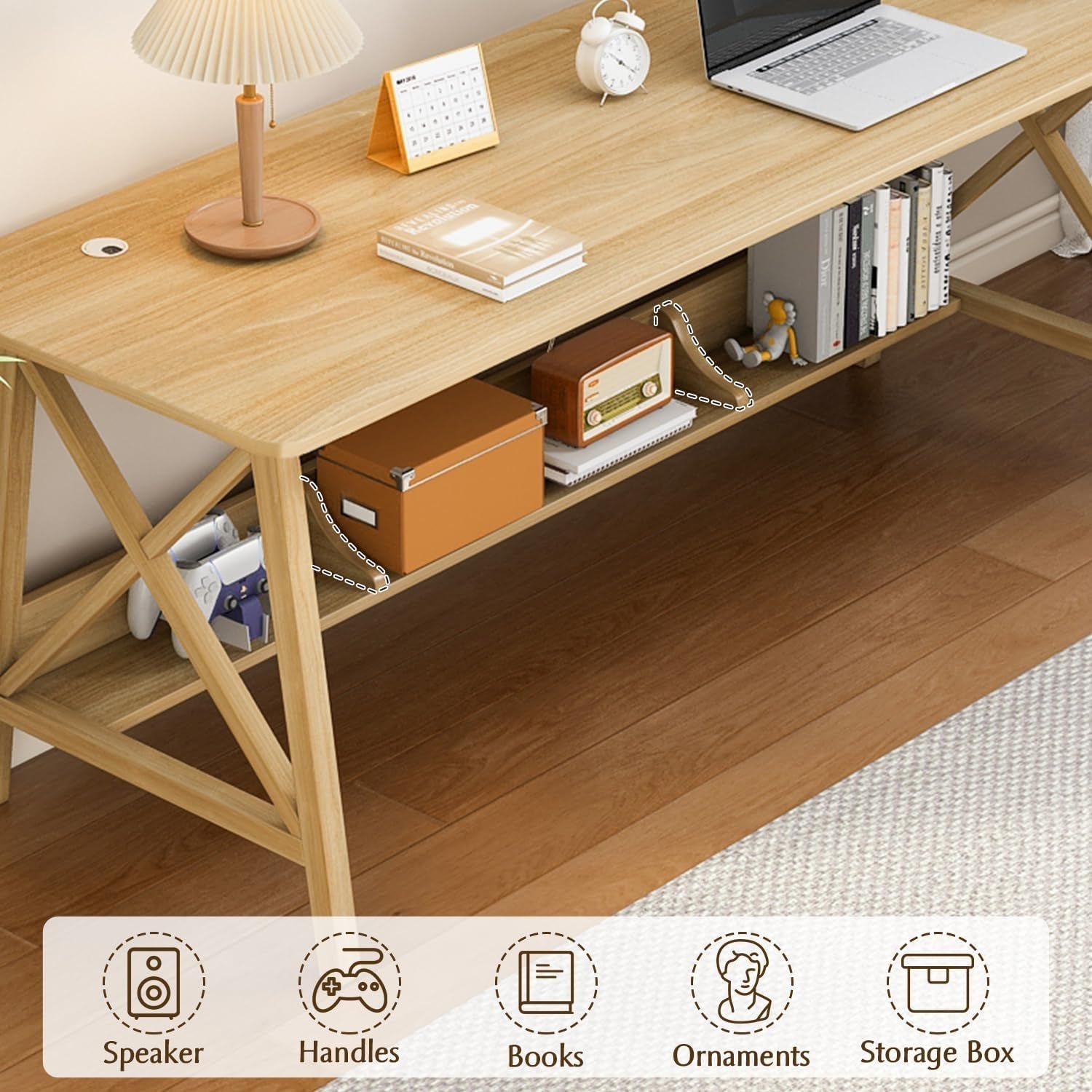 Extra Long Solid Wood Desk with Bookshelf Storage-2