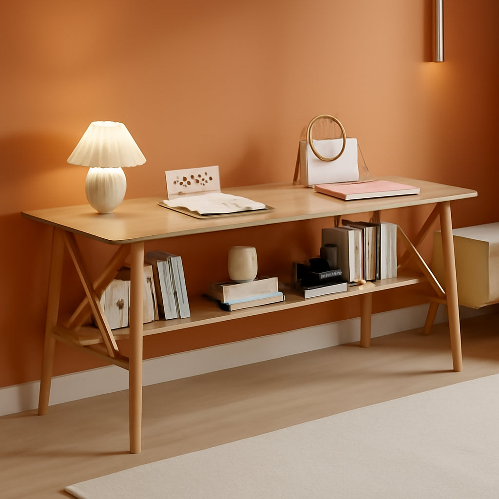 Extra Long Solid Wood Desk with Bookshelf Storage-0