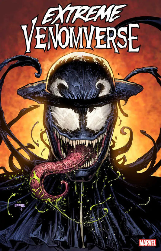 Menacing Symbiote creature with sharp teeth and cowboy hat against orange sky for Extreme Venomverse #4 trading cards