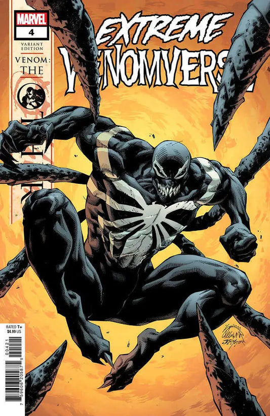 Venom leaps dynamically on Extreme Venomverse #4 comic cover, ideal for trading cards