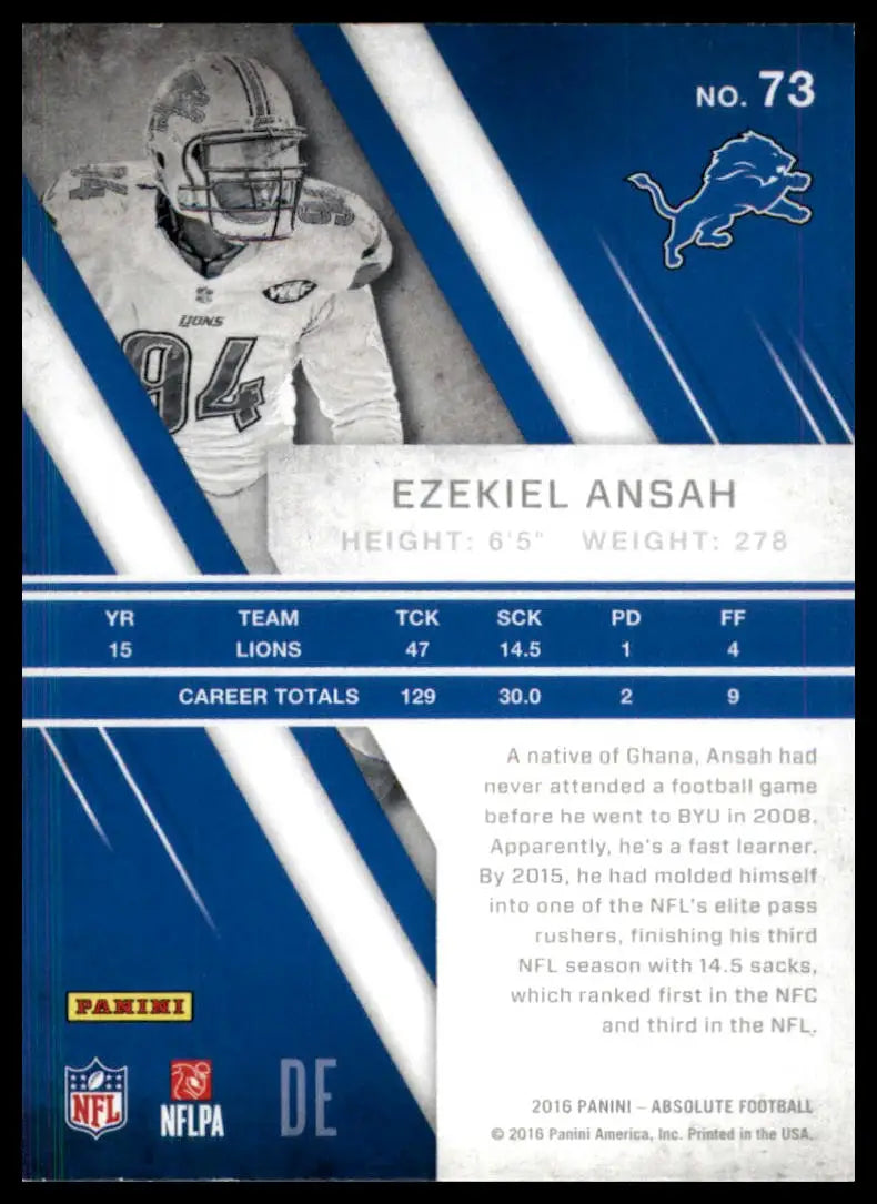 Back of Ezekiel Ansah 2016 Panini Absolute football trading card Detroit Lions