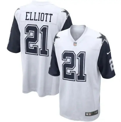 White Dallas Cowboys Ezekiel Elliott Nike Alternate Game Jersey with number 21 and dark blue sleeves