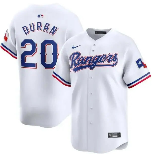 White Texas Rangers Ezequiel Duran Nike home limited player jersey with Duran 20 on back