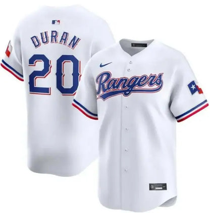White Texas Rangers Ezequiel Duran Nike home limited player jersey with Duran 20 on back