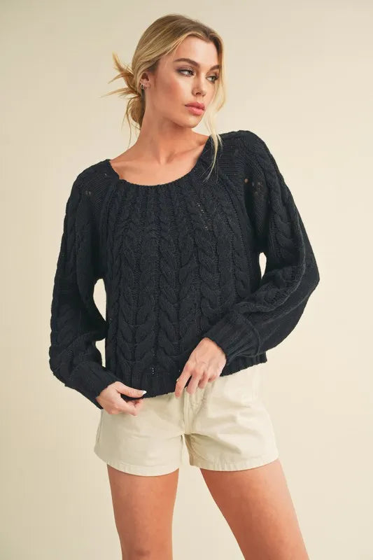 Aemi + Co Cable-Knit Openwork Round Neck Sweater