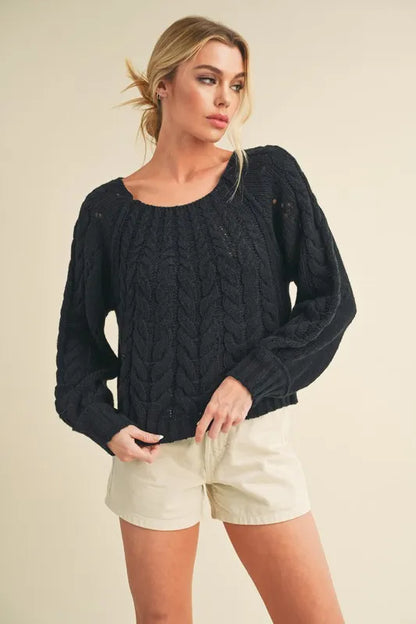 Aemi + Co Cable-Knit Openwork Round Neck Sweater