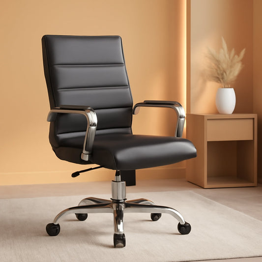 Whitney High-Back Swivel Leathersoft Desk Chair with Padded Seat and Armrests, Adjustable Height Padded Office Chair, Black/Chrome-0