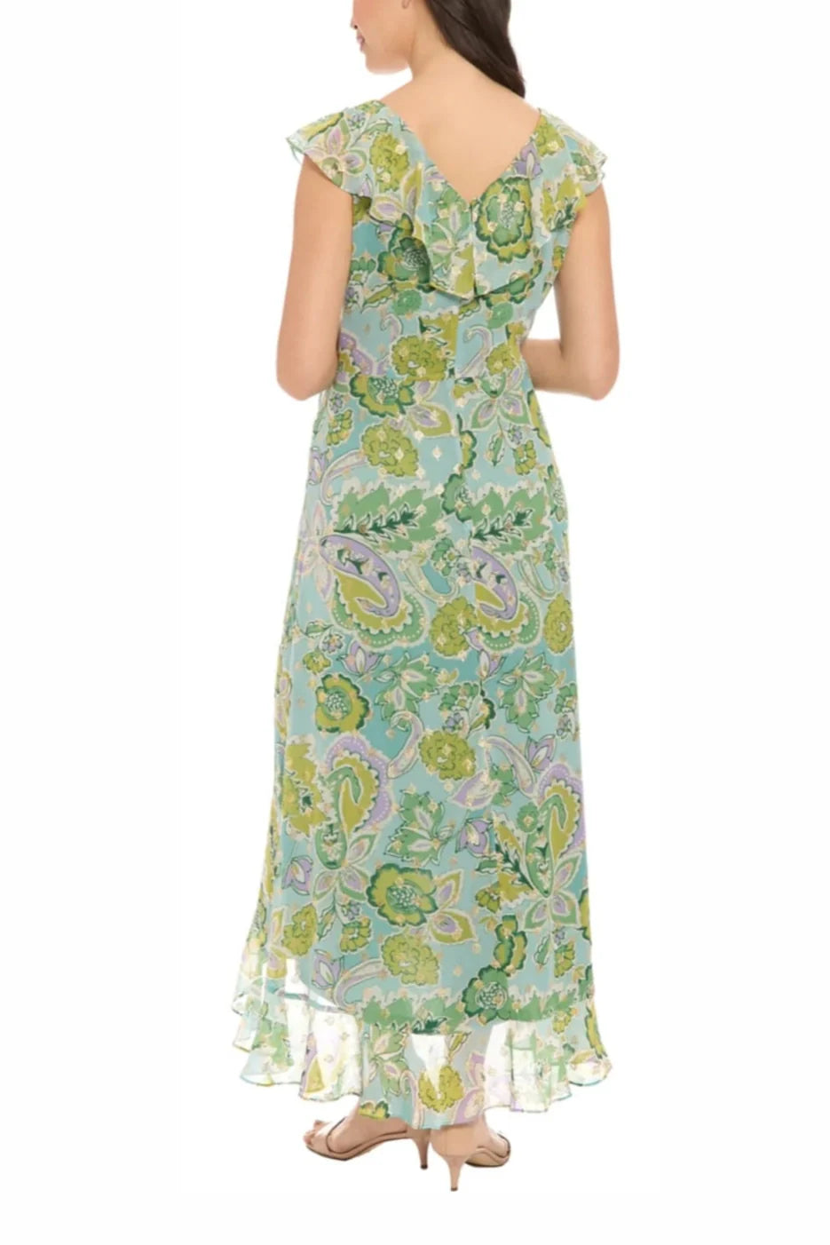 London Times Chiffon Green Metallic Floral Day Dress
