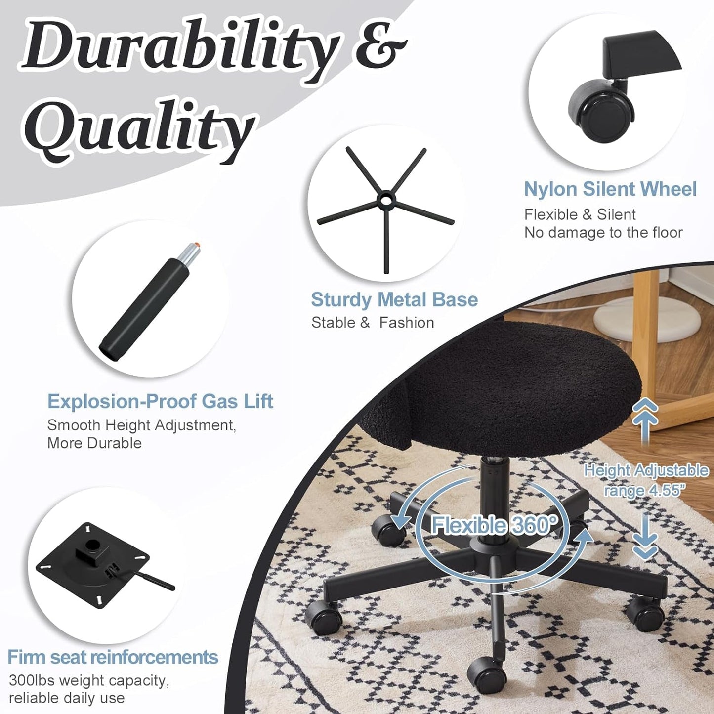 Candy Chair Armless Cute Desk Chair,Comfy Small Office Chair with Wheels,Vanity Chair with Lumbar Support,Teddy Adjustable Rolling Swivel Computer Task Chair for Home Office,Bedroom,Jet Black-2