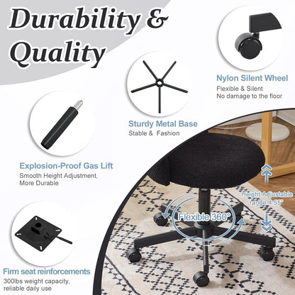 Candy Chair Armless Cute Desk Chair,Comfy Small Office Chair with Wheels,Vanity Chair with Lumbar Support,Teddy Adjustable Rolling Swivel Computer Task Chair for Home Office,Bedroom,Jet Black-2