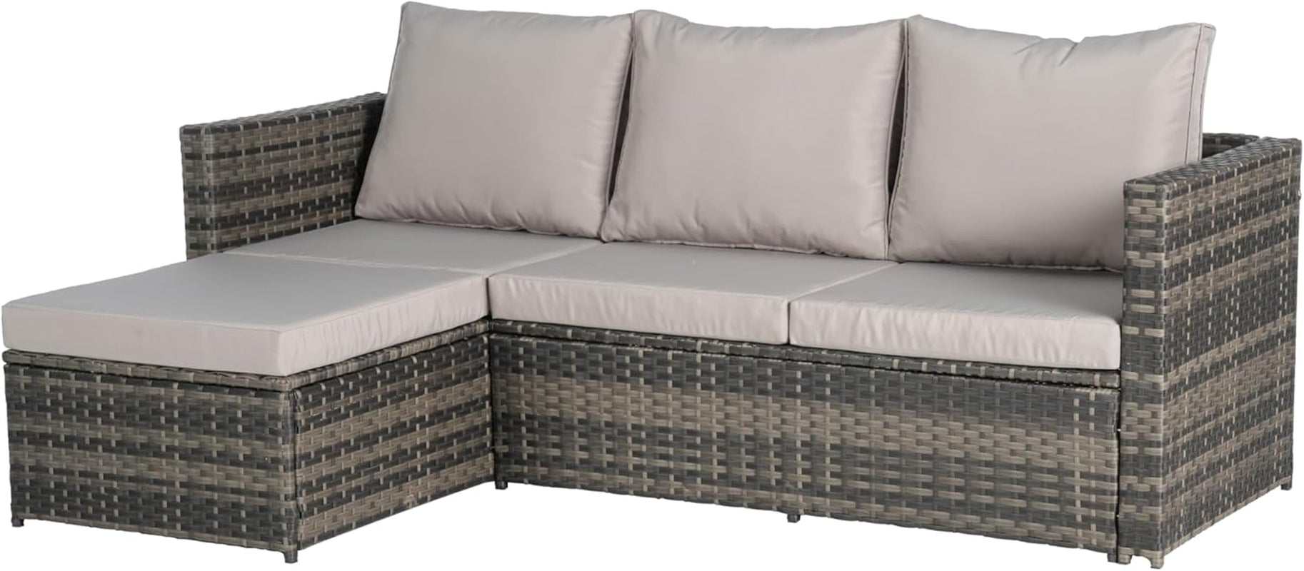 3 Pieces Patio Furniture Set All-Weather Outdoor Wicker Sectional Conversation Sofa Rattan Patio Sofa W/Cushion & Glass Table,Patio Conversation Set,Backyard Furniture for Porch (Light Gray)-4