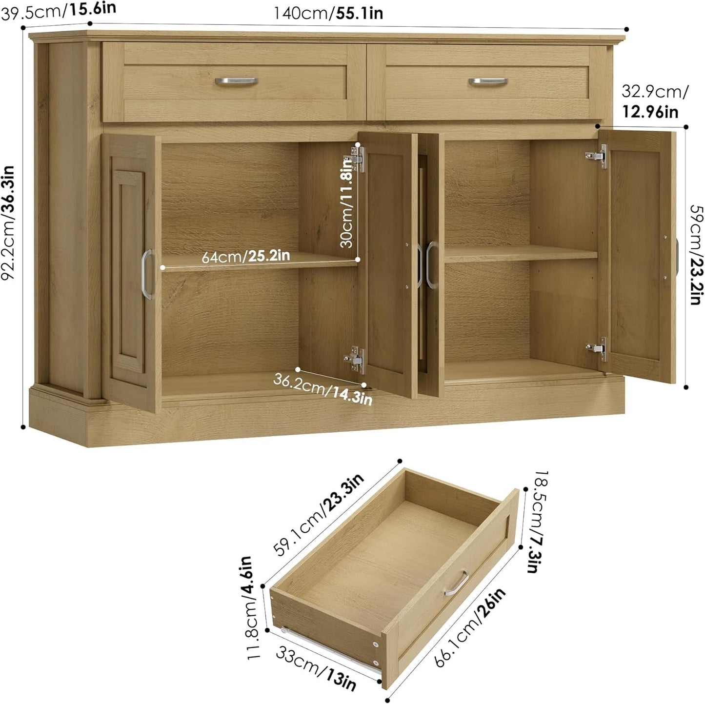 Black 55" Farmhouse Buffet Cabinet with Storage Drawers-1