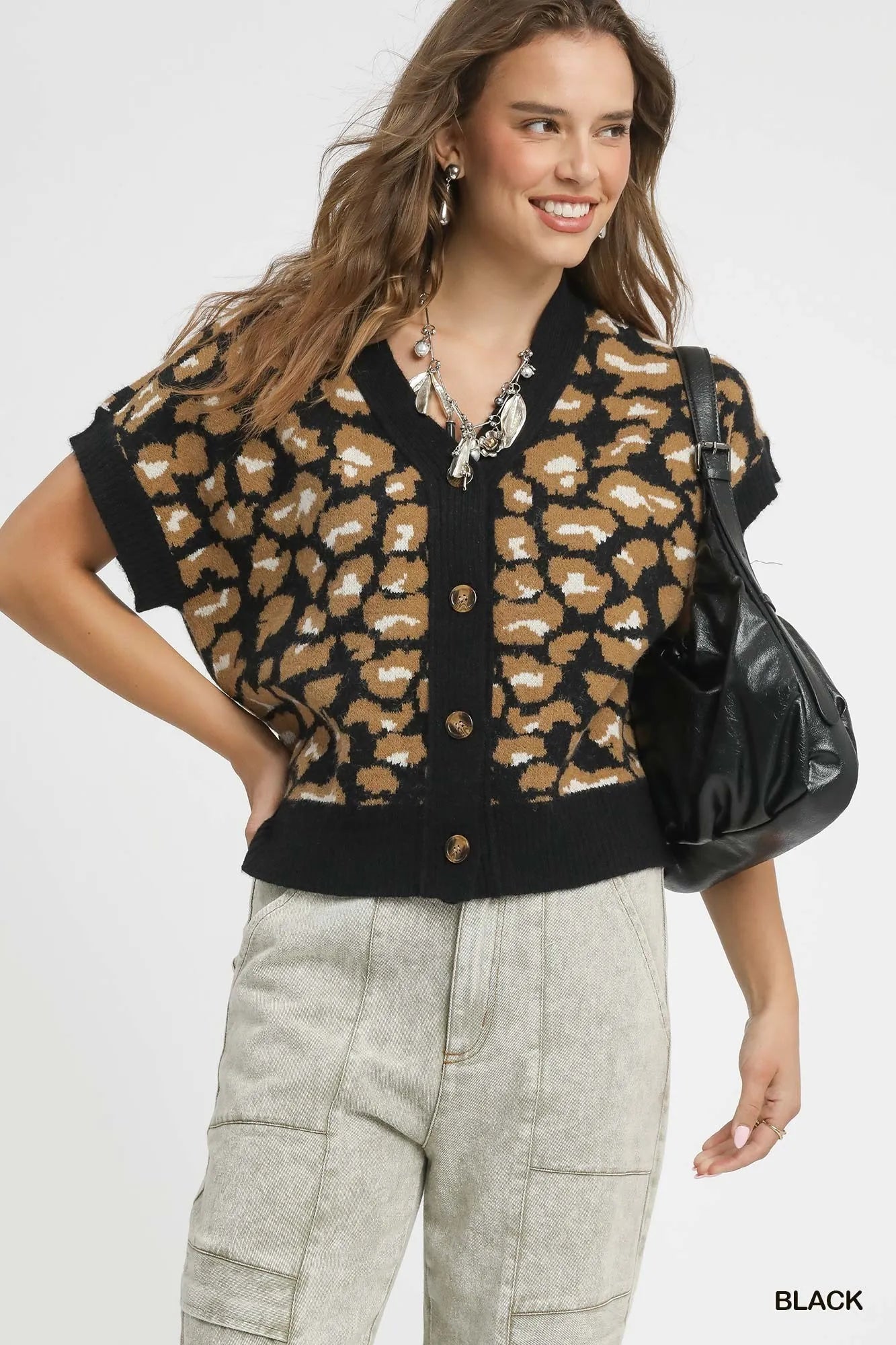 Umgee Leopard Button Down Short Sleeve Cardigan