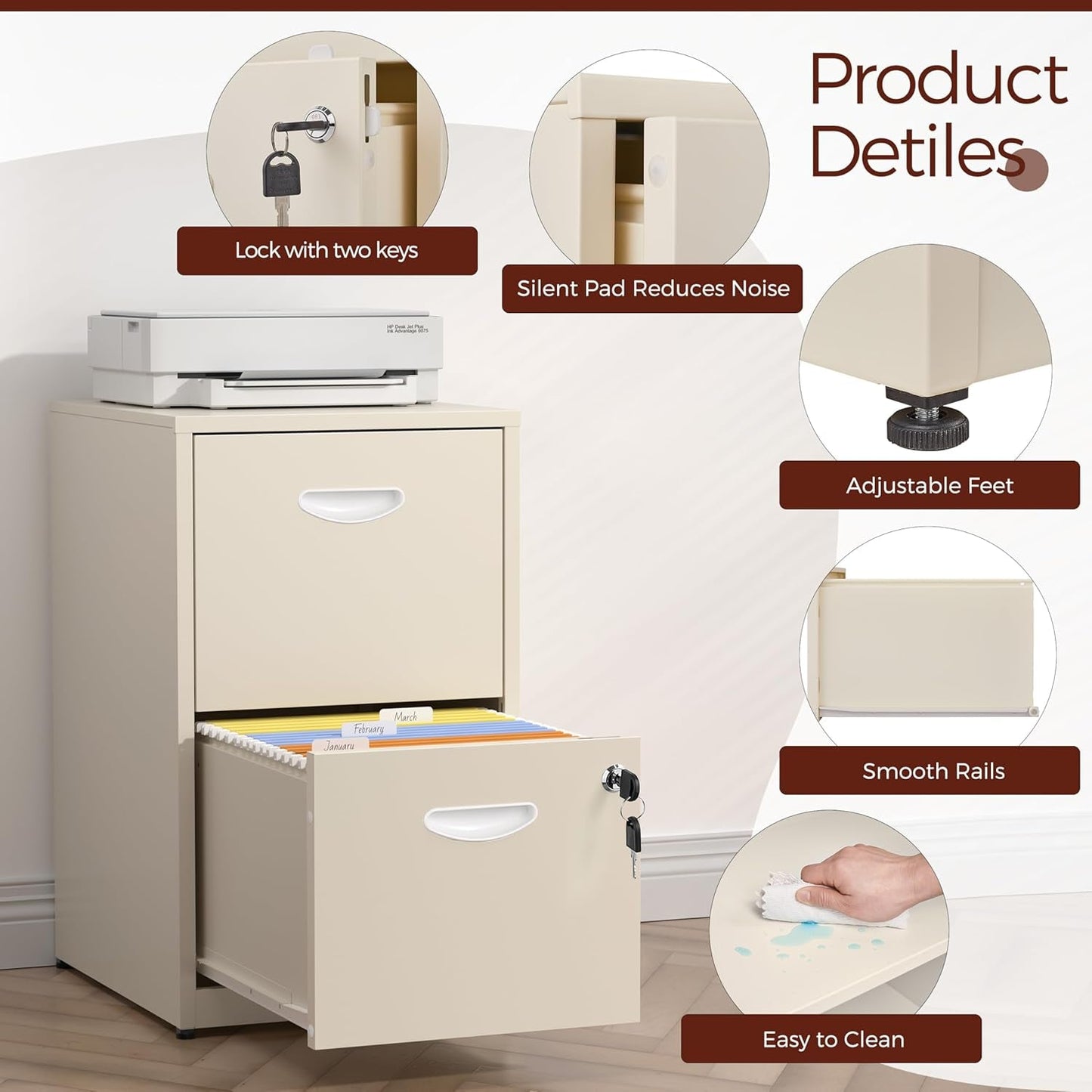 2 Drawer File Cabinet with Lock,Cream Metal Filing Cabinets,Vertical Locking File Cabinet Fit Hanging Files, Letter,File Box and A4 Documents(Cream)-4