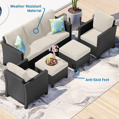Patio Furniture Set - Outdoor Patio Furniture Sets, Patio Sectional Furniture Set, 5 Piece Patio Furniture Sets, Patio Conversation Sets, Black Wicker Patio Furniture with off White Cushions-4