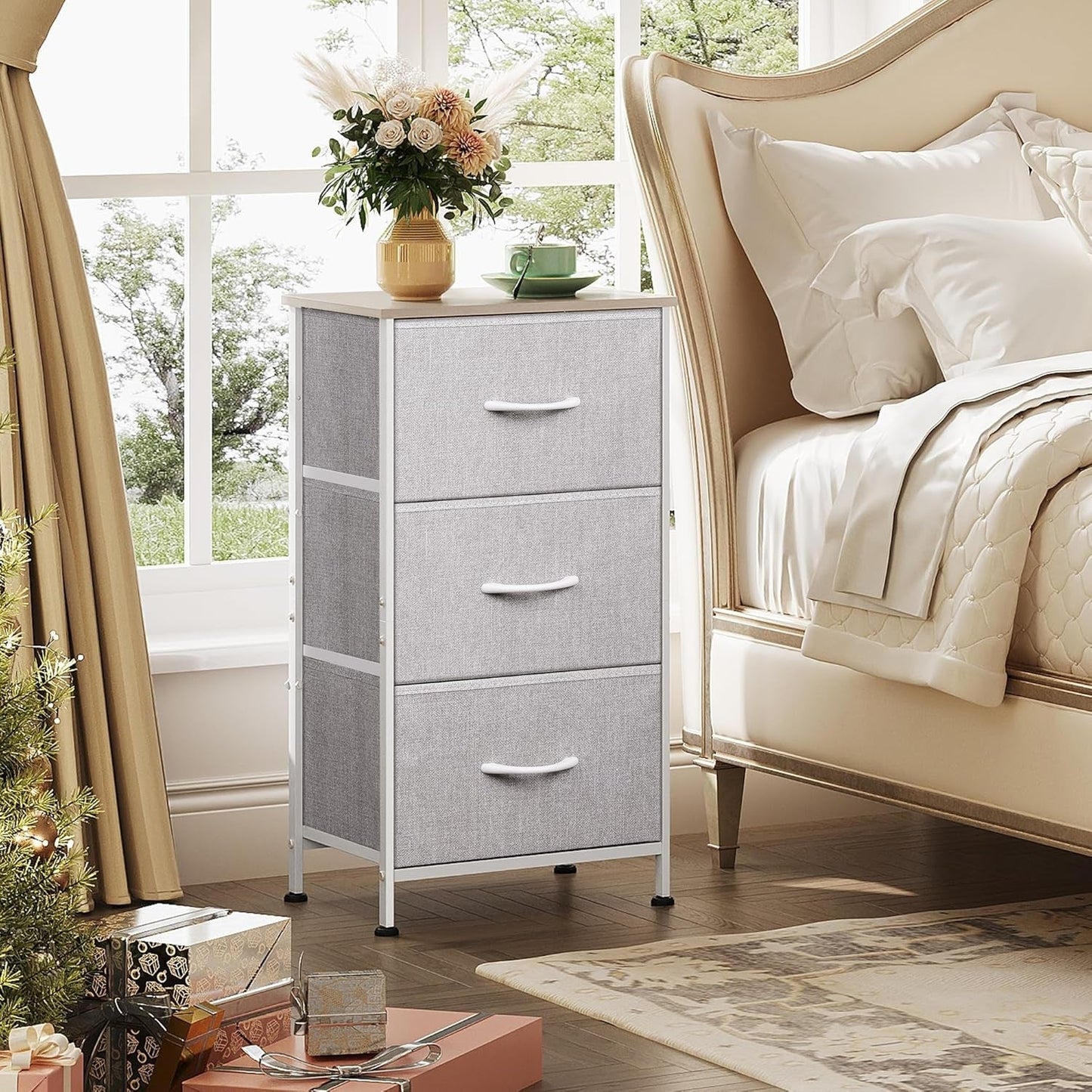 Nightstand with 3 Drawers, Fabric Dresser, Organizer Unit, Storage Dresser for Bedroom, Hallway, Entryway, Closets, Sturdy Steel Frame, Wood Top, Easy Pull Handle, Light Grey-1