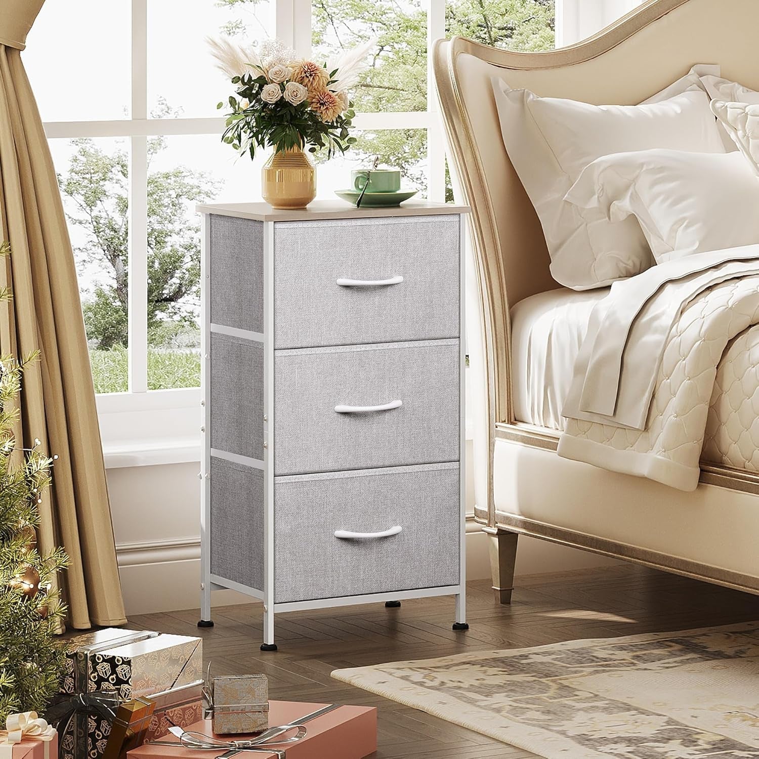 Nightstand with 3 Drawers, Fabric Dresser, Organizer Unit, Storage Dresser for Bedroom, Hallway, Entryway, Closets, Sturdy Steel Frame, Wood Top, Easy Pull Handle, Light Grey-1