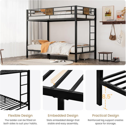 Loft Bunk Bed Twin over Twin Size with Ladder and Guardrail,Rustic Design,Metal Slats Support No Box Spring Needed Small Space Saving Furniture for Bedroom Dorm-4