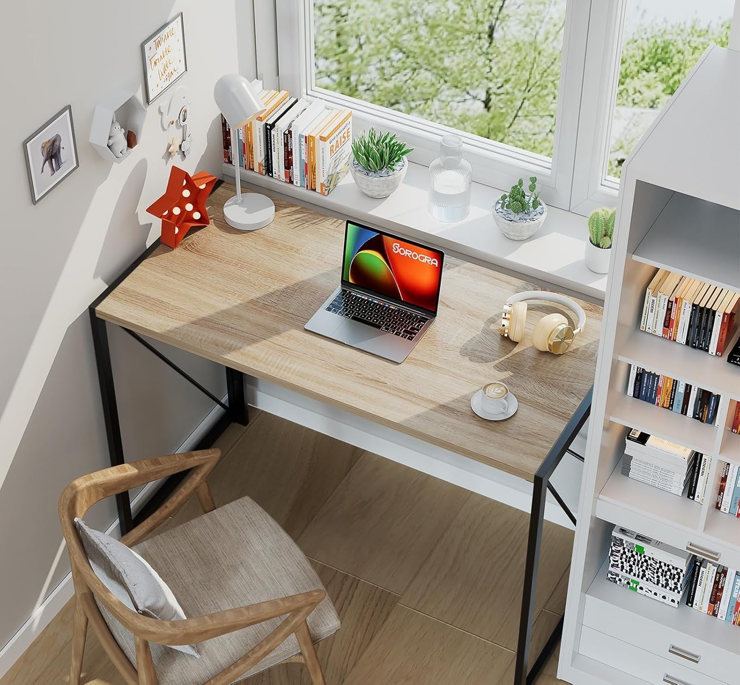 Small Folding Desk 39.4 Inch Foldable Computer Desks, Spaces Saving Writing Table for Bedroom, Home Office, Dorm, Apartment, Kids, Beech-1