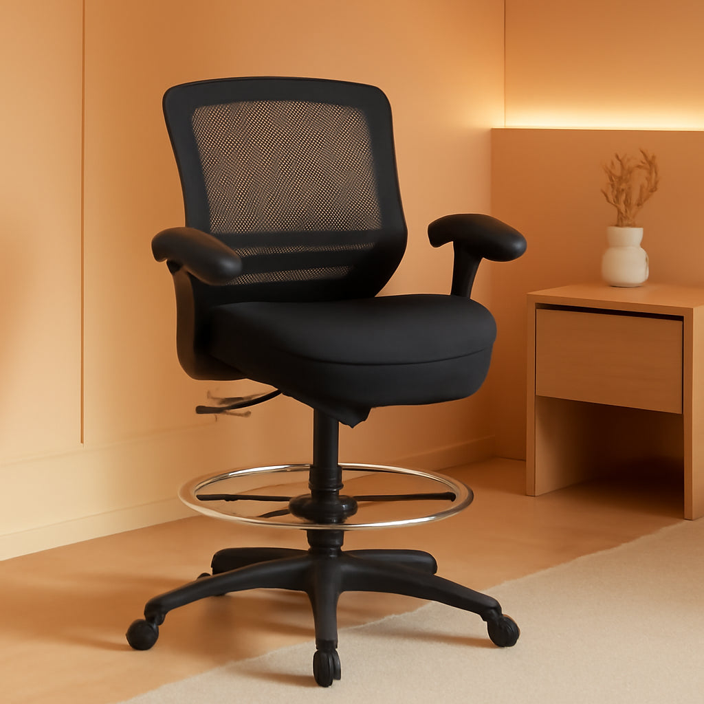 400Lbs Mid Back Mesh Ergonomic Drafting Chair Big Adjustable Foot Ring Height Adjustable Armrest (Black) ﻿-0