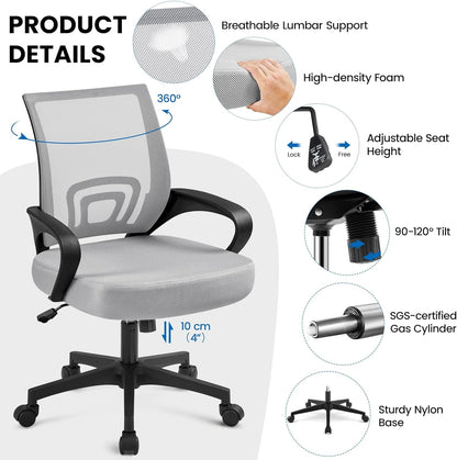 2Pcs Ergonomic Desk Chair Mesh Computer Chair with Lumbar Support Armrest Executive Rolling Swivel Adjustable Mid Back Task Chair for Women Adults, Grey-3