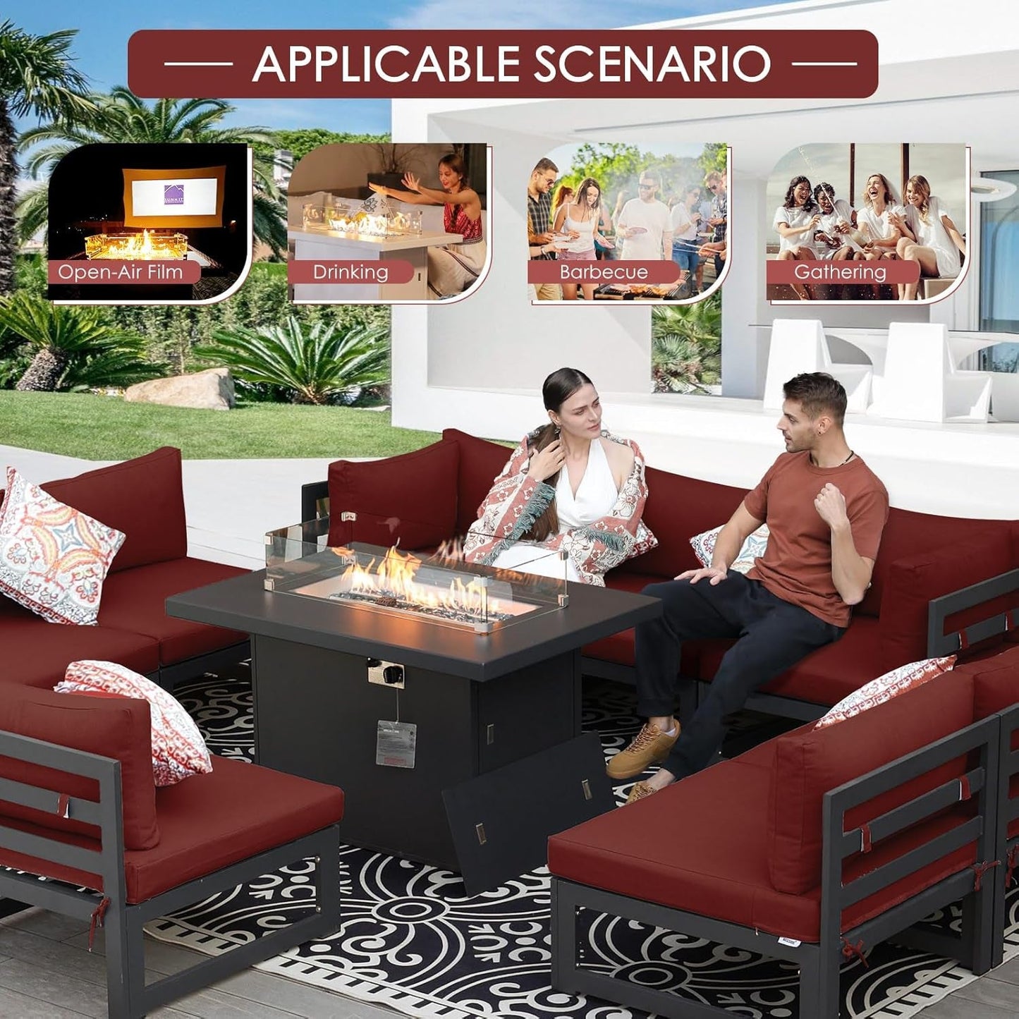 ® Modern Large Grey Aluminum Outdoor Patio Furniture Set with Propane/Natural Gas Fire Pit Table, 29'' Deep Wide Seating Conversation Sofa L Shaped Sectional Couch Set (6 Pieces, 5 Seats)-1