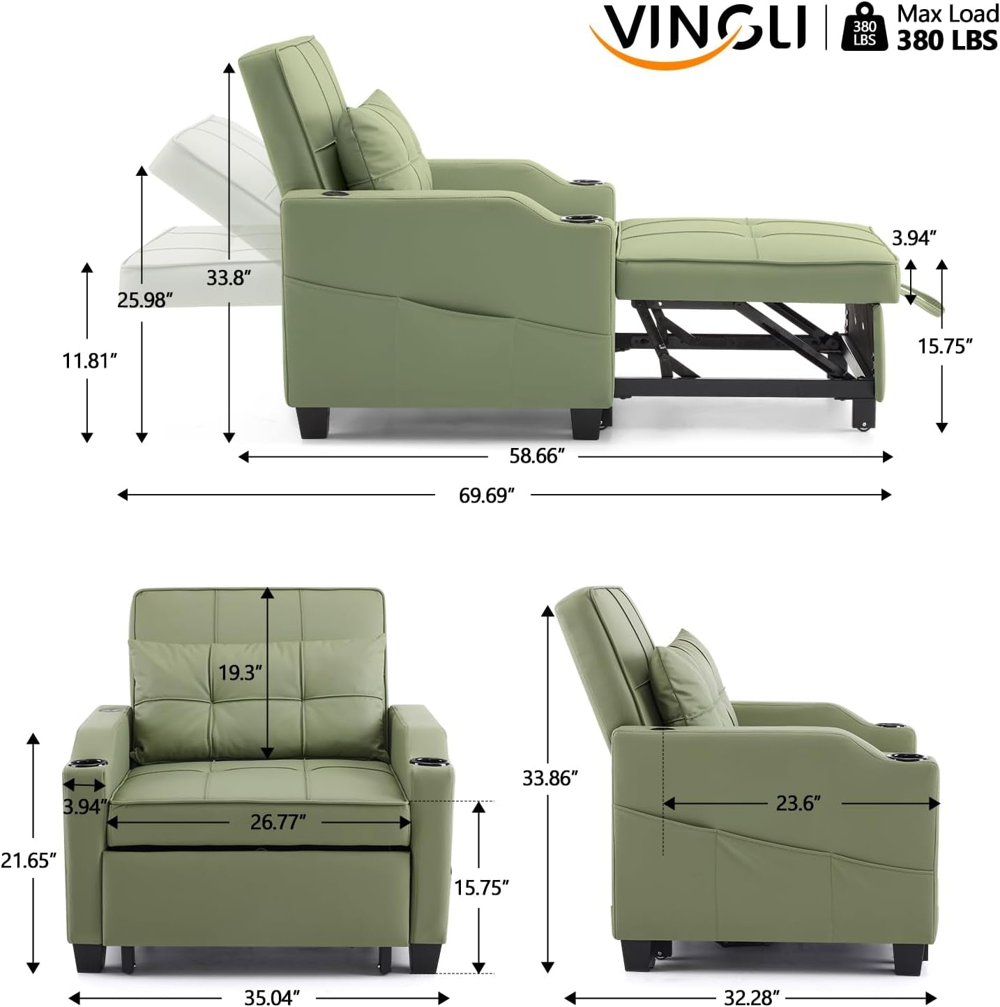 Sofa Bed Chair Recliner, 3-In-1 Convertible Sleeper Sofa Chair Bed Green Daybed Pull Out Couch Bed with Adjustable Backrest, USB Ports, Cup Holders for Small Spaces Living Room-1
