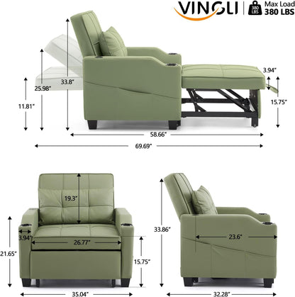 Sofa Bed Chair Recliner, 3-In-1 Convertible Sleeper Sofa Chair Bed Green Daybed Pull Out Couch Bed with Adjustable Backrest, USB Ports, Cup Holders for Small Spaces Living Room-1