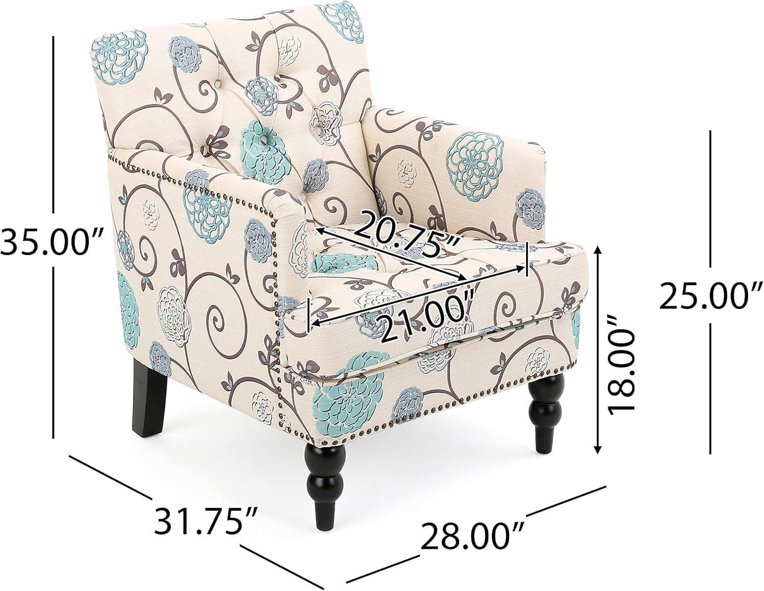 Harrison Floral Tufted Club Chair White Blue Polyester-2