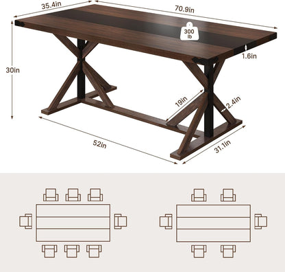 71" Farmhouse Dining Table for 5 6 8 People, Rectangular Kitchen Table W/Thickness Waterproof Wood Grain Tabletop (Brown, 71 X 35.4 X 30 In)-1