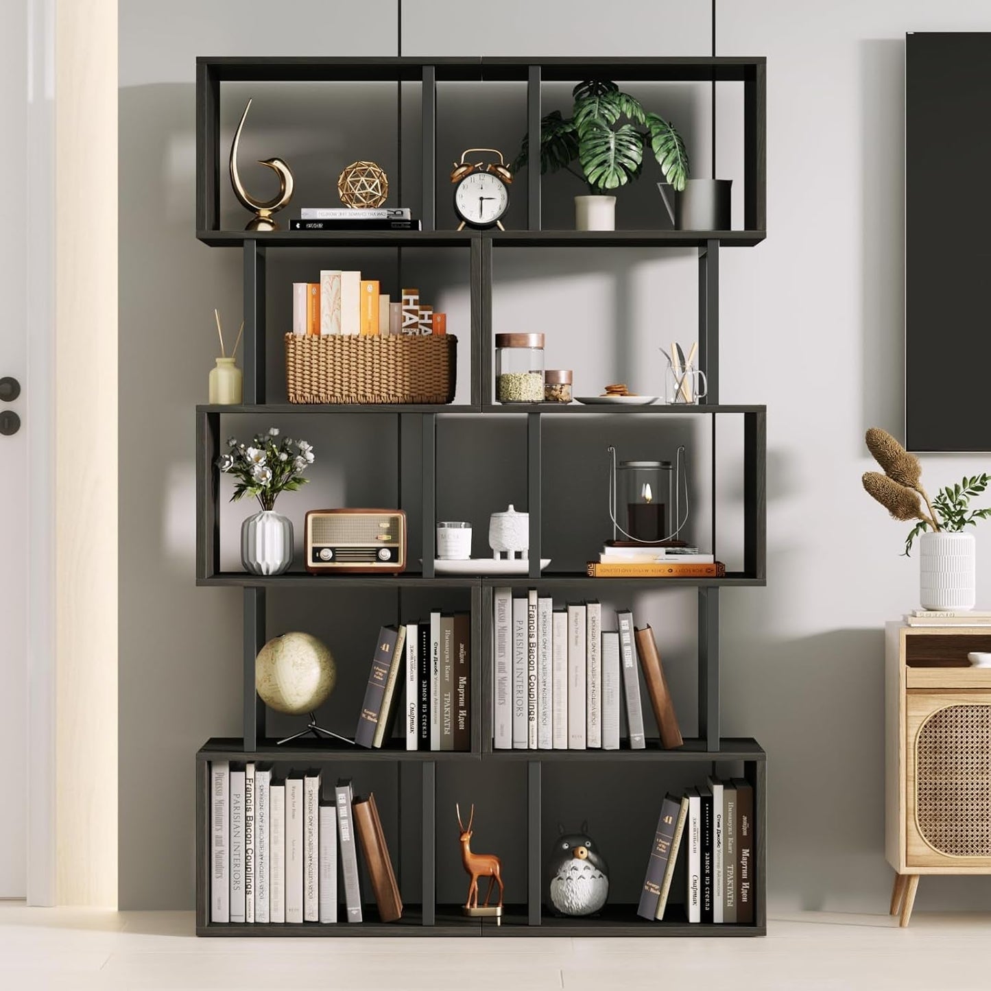 6 Tier Bookshelf Tall Geometric Bookcase, S-Shaped Industrial Display Standing Shelf, Metal and Wood Decorative Storage Room Divider Shelves for Bedroom, Living Room, Office, Light Black Oak-1