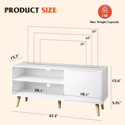 TV Stand for 55 Inch Tvs, Entertainment Center with Storage Cabinet, Mid-Century TV Stands for Living Room and Bedroom, 50" TV Console, White-1