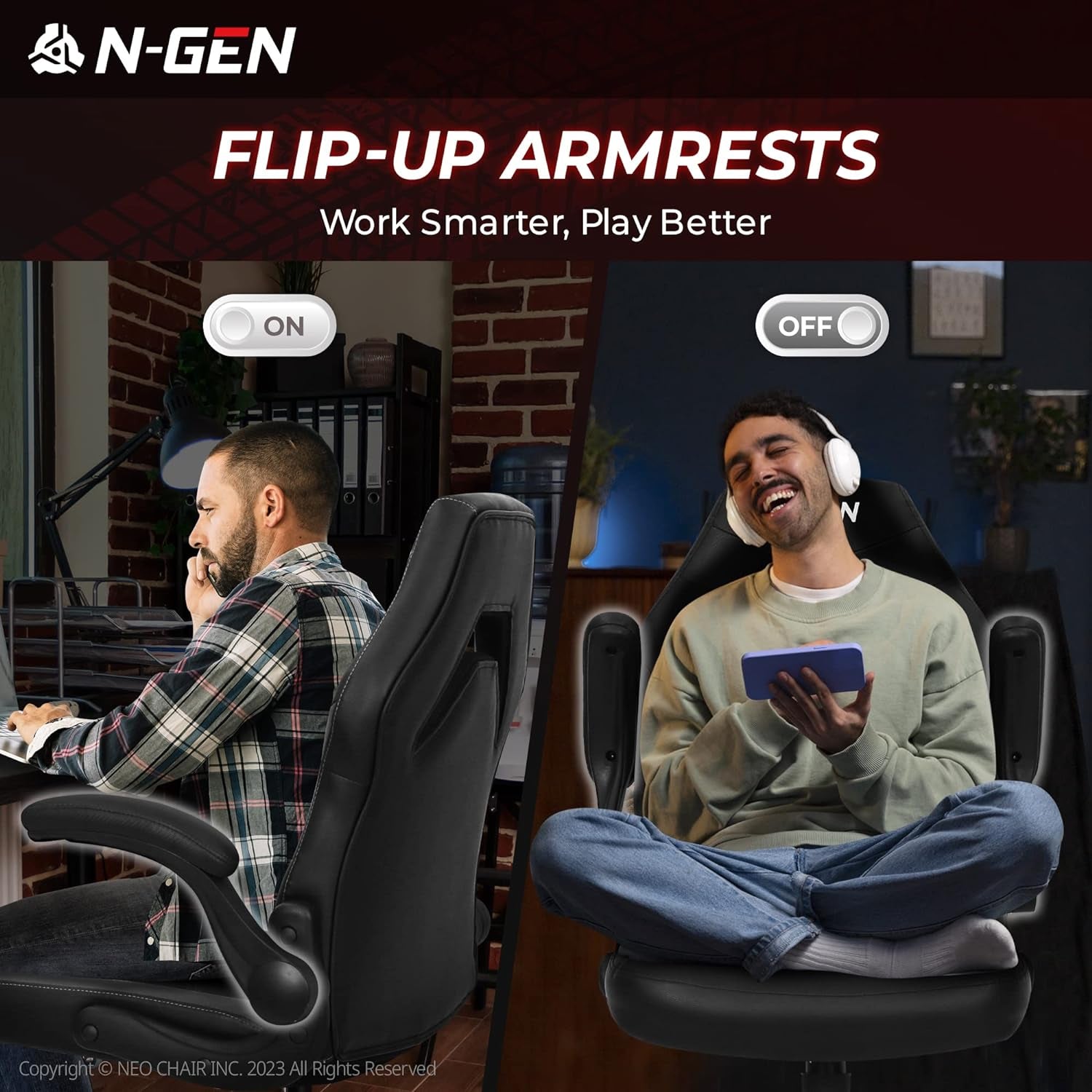 N-GEN Video Gaming Computer Chair Ergonomic Office Chair Desk Chair with Lumbar Support Flip up Arms Adjustable Height Swivel PU Leather Executive with Wheels for Adults Women Men (Black)-3
