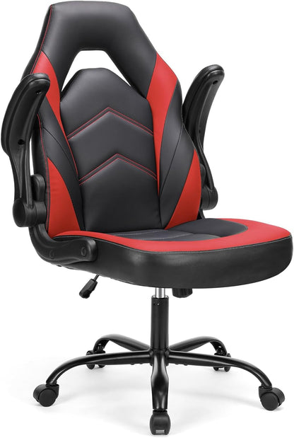 Black Red Gaming Chair, Leather, Flip-Up Arms, Swivel-1