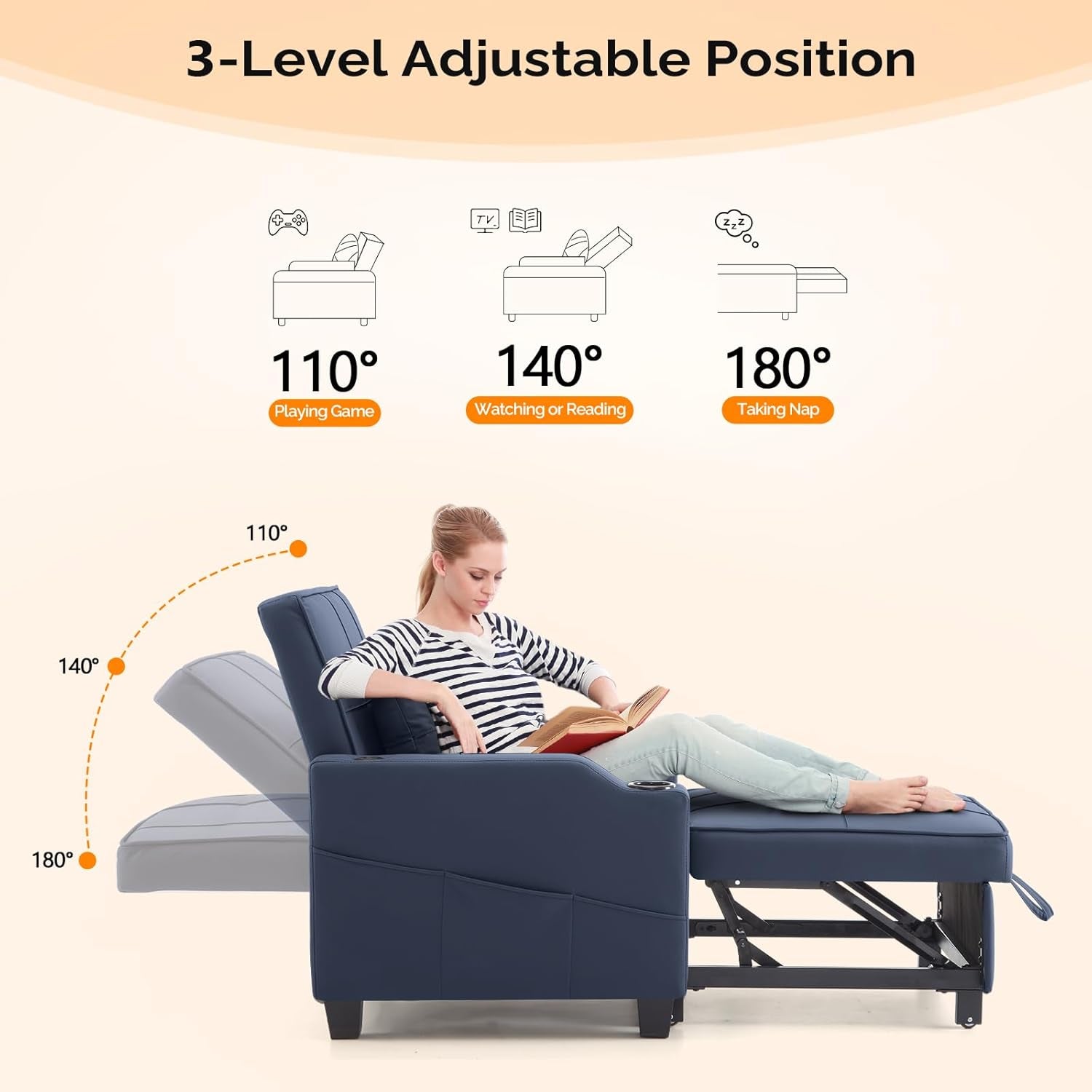 Sofa Bed Chair Recliner, 3-In-1 Convertible Sleeper Sofa Chair Bed Blue Daybed Pull Out Couch Bed with Adjustable Backrest, USB Ports, Cup Holders for Small Spaces Living Room-4