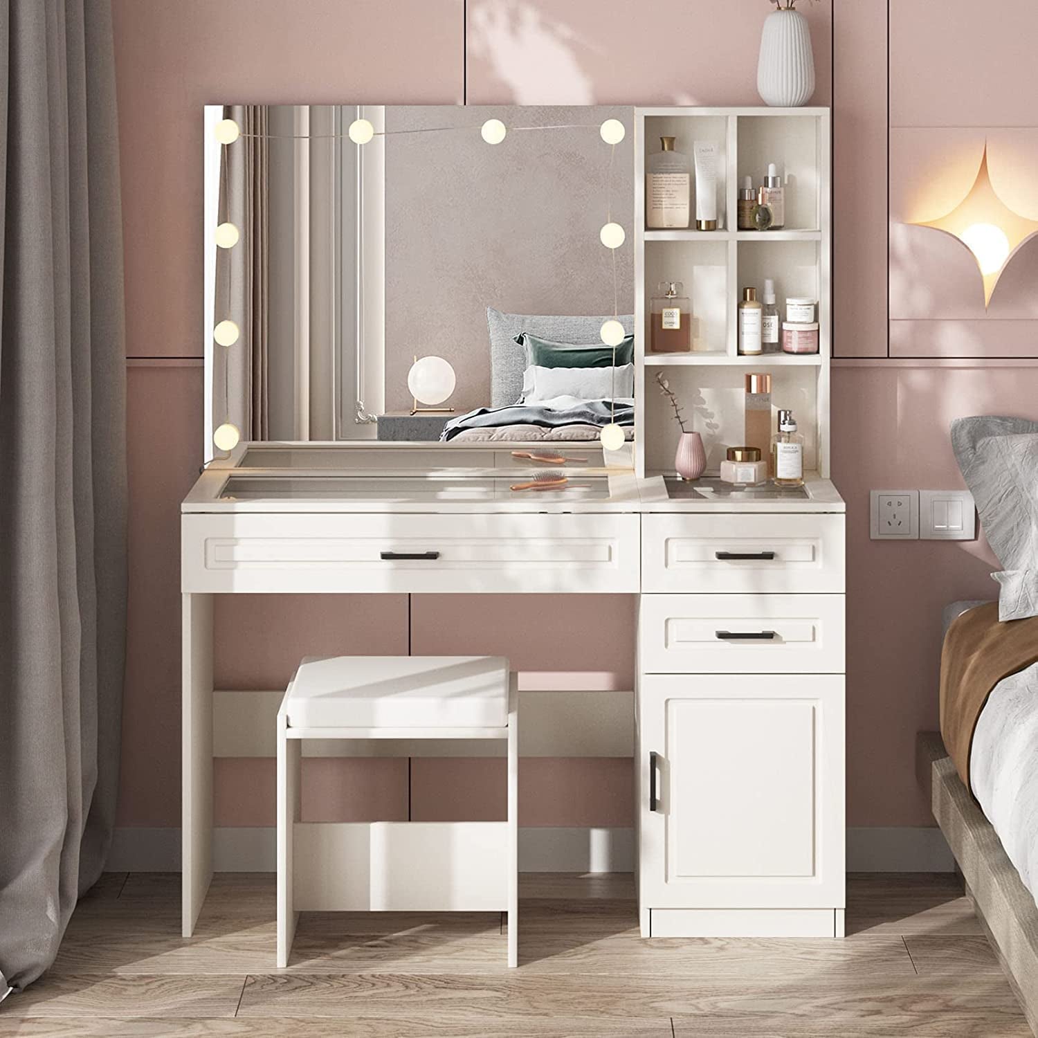 White Vanity Desk with Lighted Mirror-0