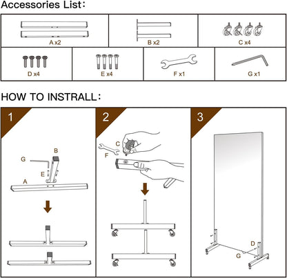 Home Gym Mirror 360° Swivel on Wheels, 79" X 47" Extra Large Full Body Rolling Mirror for Yoga, Nano Film Super Lightweight Unbreakable Full Length Mirror, White-4