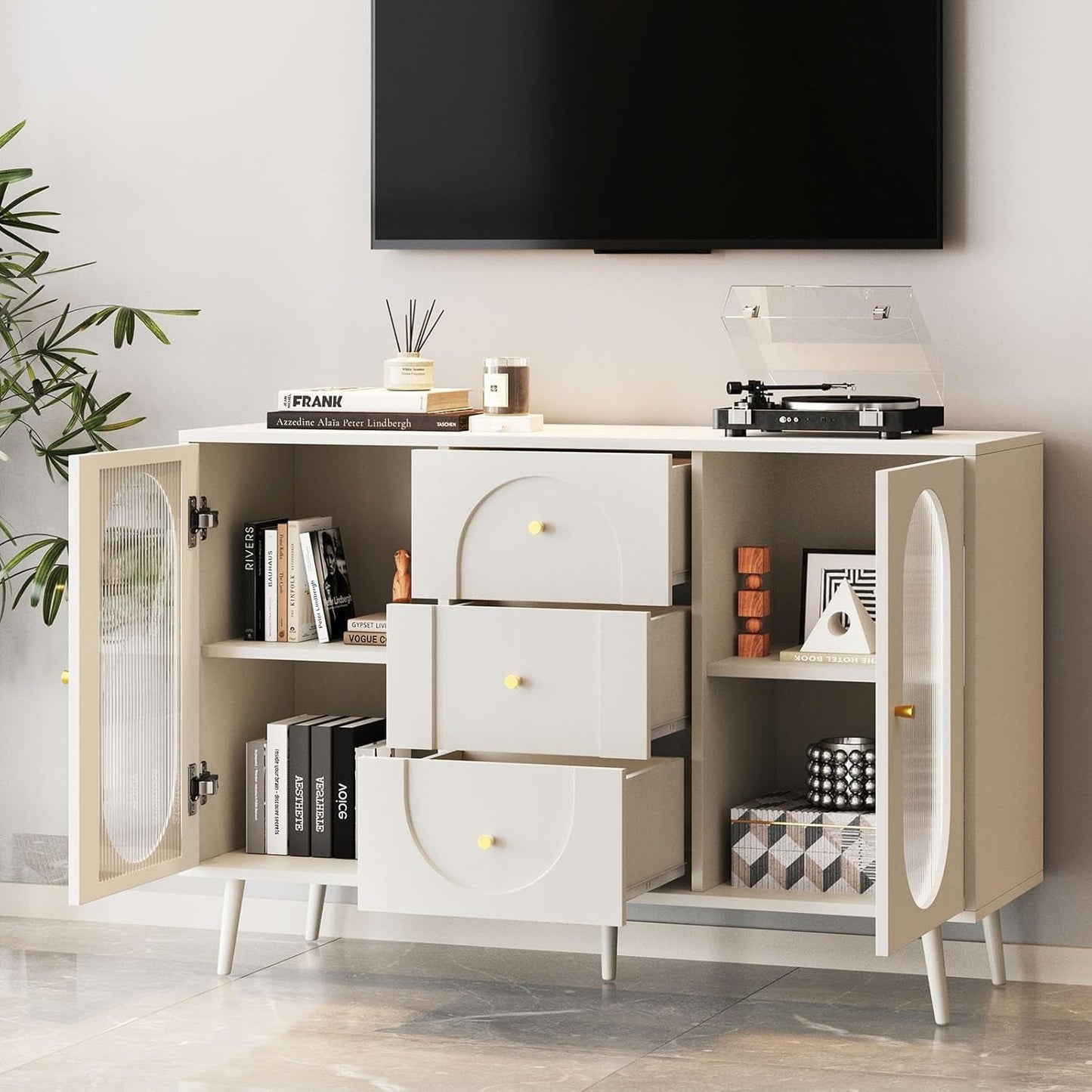 Midcentury White Fluted Glass Buffet Sideboard Cabinet-4