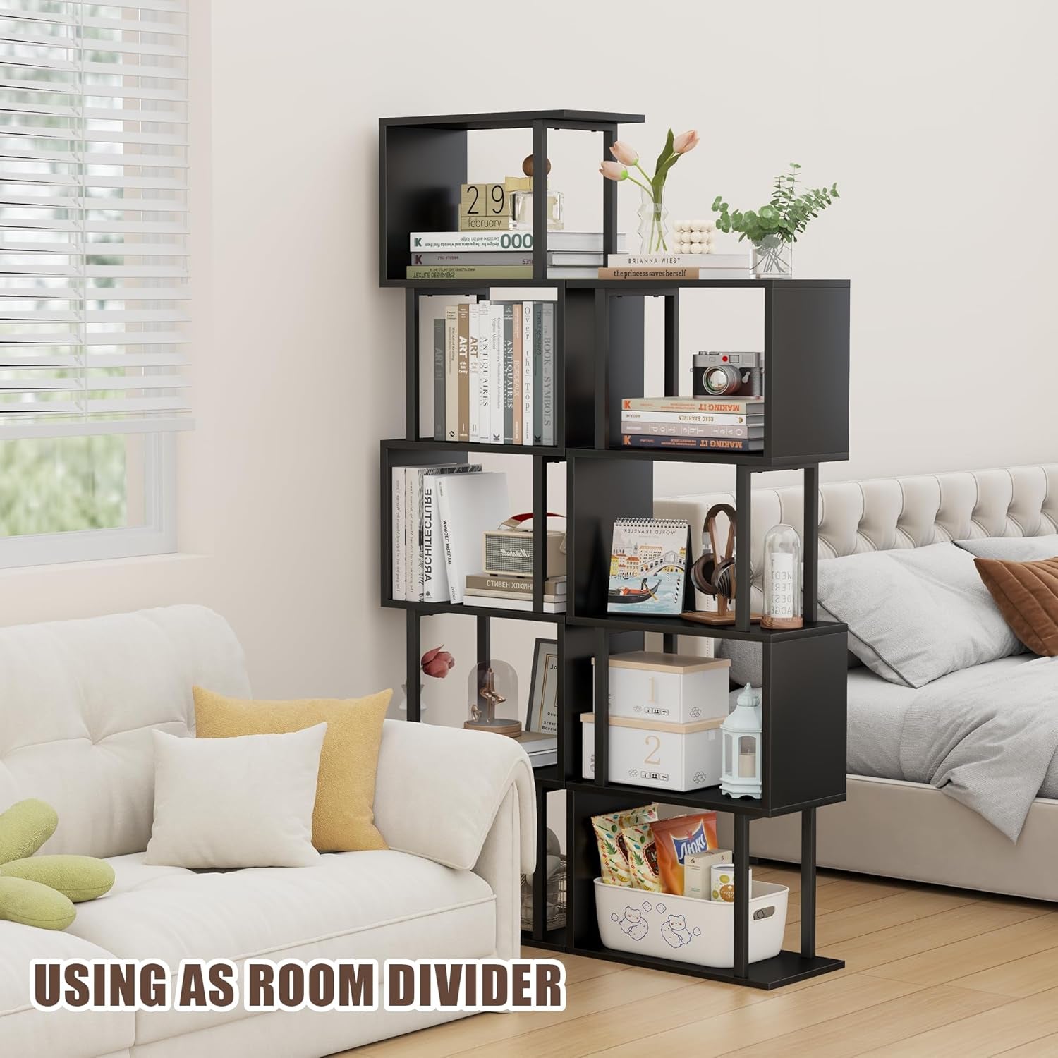 5-Tier Bookshelf, Tall S-Shaped Geometric Bookcase, Wood and Metal Decorative Storage Shelving, Modern Freestanding Display Shelves, Book Shelf Unit for Living Room Bedroom Home Office, Black-4