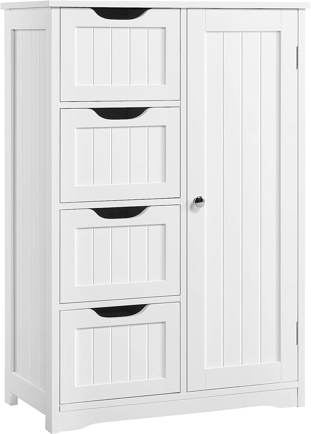 Wooden Floor Cabinet, Side Storage Organizer with 4 Drawers and 1 Cupboard, Freestanding Entryway Storage Unit Console Table, Bathroom Furniture Home Decor, White-0
