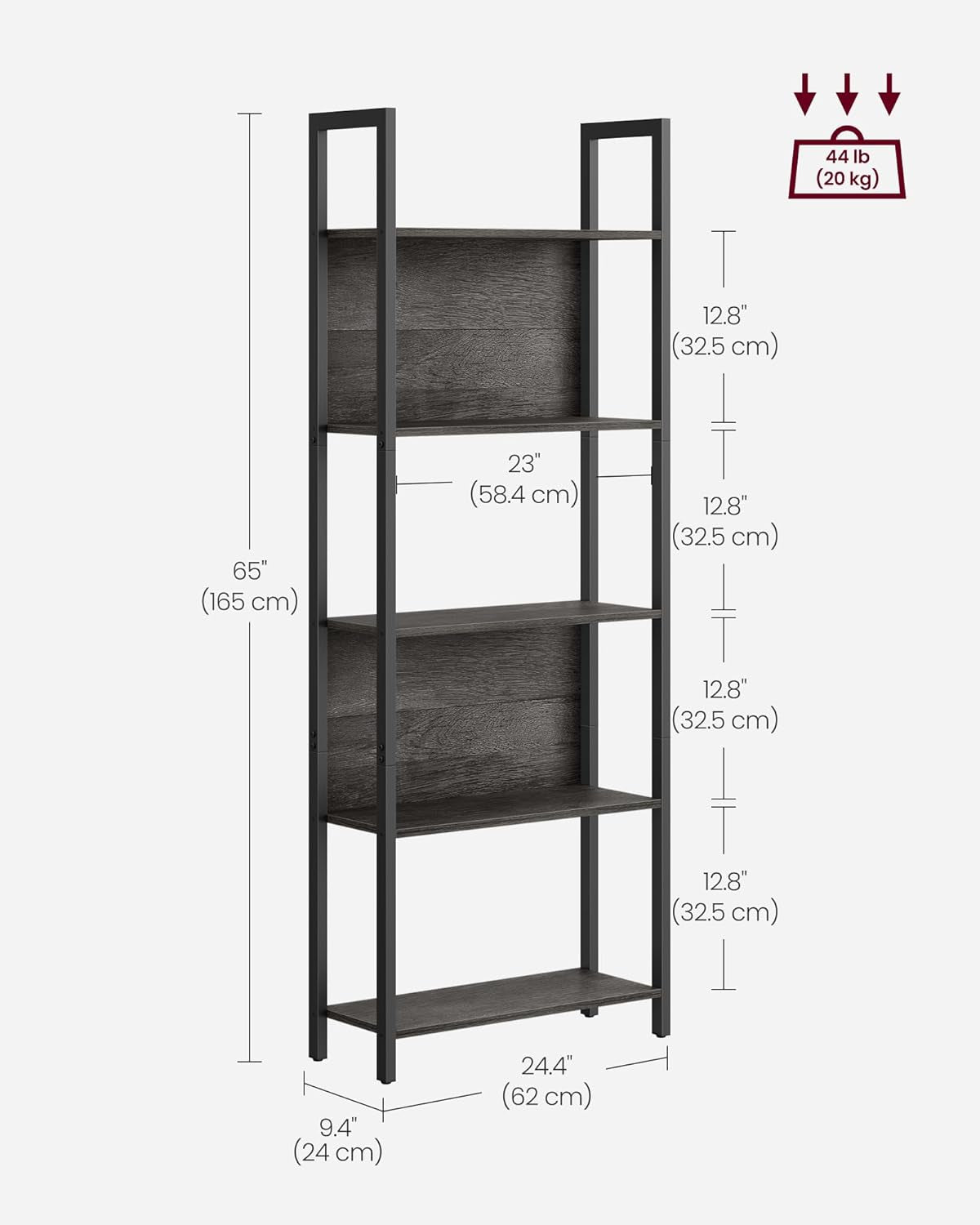 5-Tier Bookshelf, Book Shelf, Industrial Bookcase, with Steel Frame, for Living Room, Home Office, Bedroom, 9.4 X 24.4 X 65 Inches, Charcoal Gray and Black ULLS025B04-2