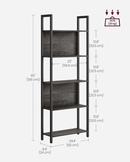 5-Tier Bookshelf, Book Shelf, Industrial Bookcase, with Steel Frame, for Living Room, Home Office, Bedroom, 9.4 X 24.4 X 65 Inches, Charcoal Gray and Black ULLS025B04-2