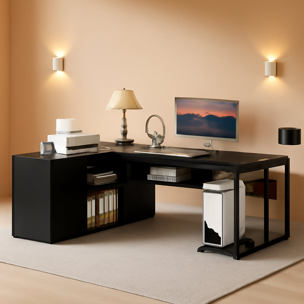 71" L-Shaped Executive Desk with Storage Shelves Black-0