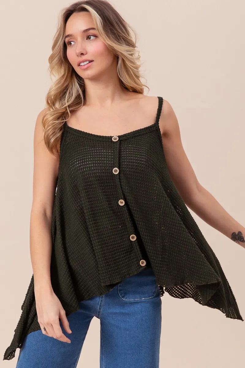 BiBi Popcorn Waffle Knit with Buttoned Front Cami Top